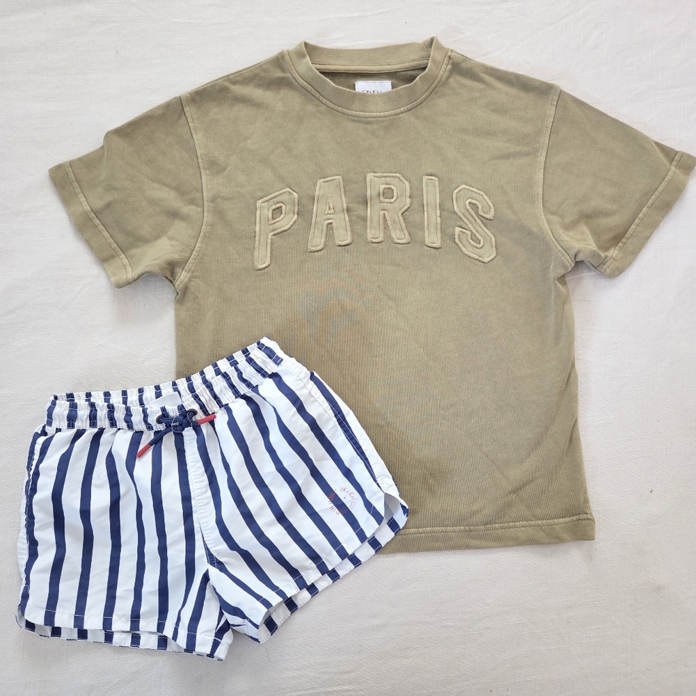 ZARA Bundle Khaki Paris T-Shirt and Striped Swim Shorts Set Kids 8/9